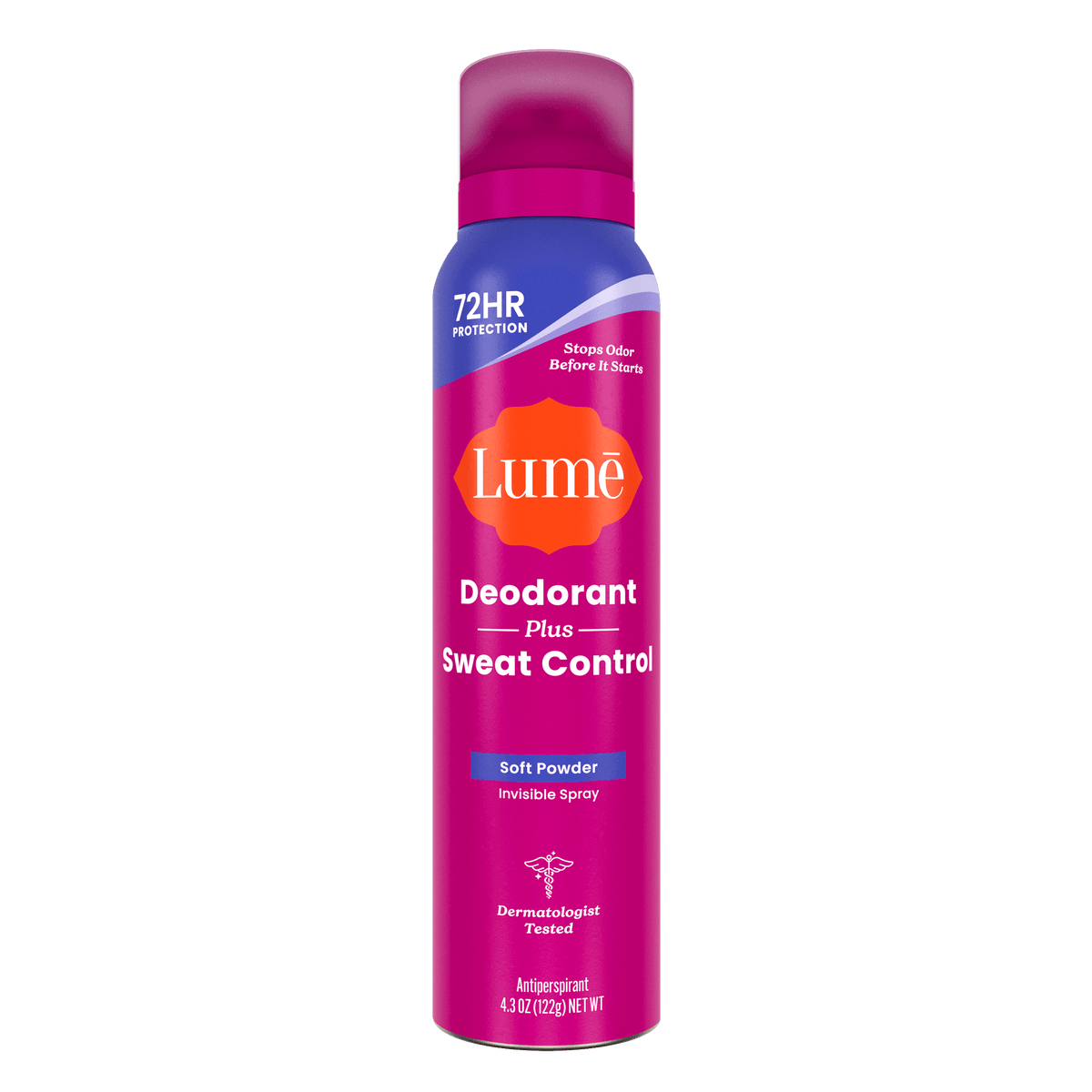 Can of Lume spray deodorant plus sweat control in the scent Soft Powder
