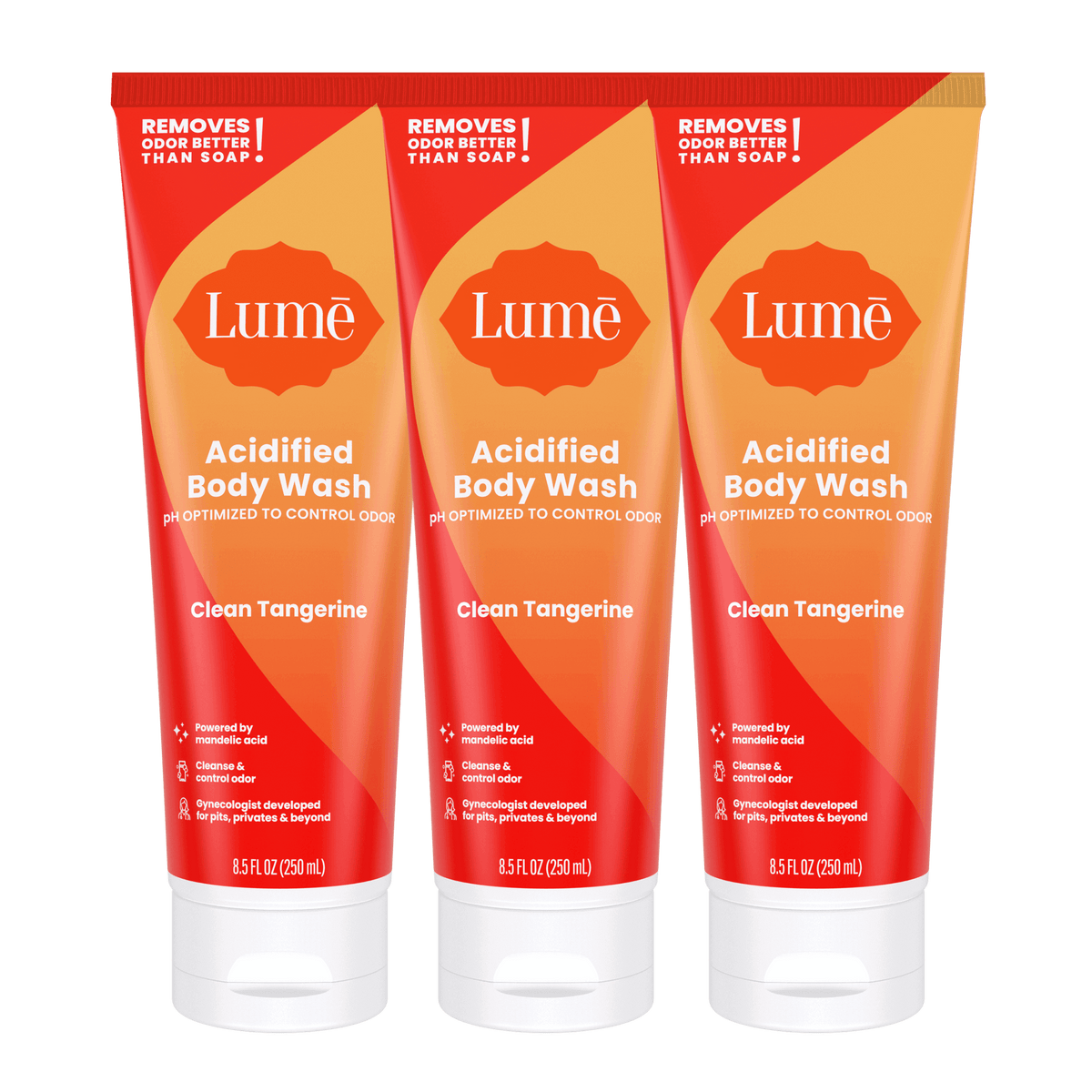 Three orange tubes of body wash in the scent Clean Tangerine