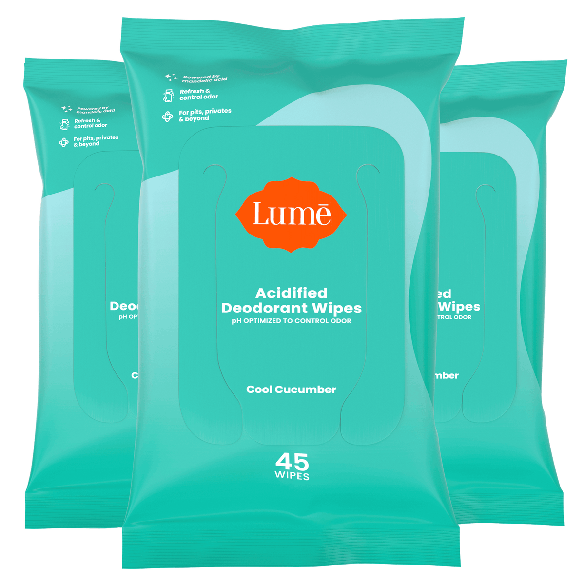 Three 45 count packs of deodorant wipes in the scent Cool Cucumber