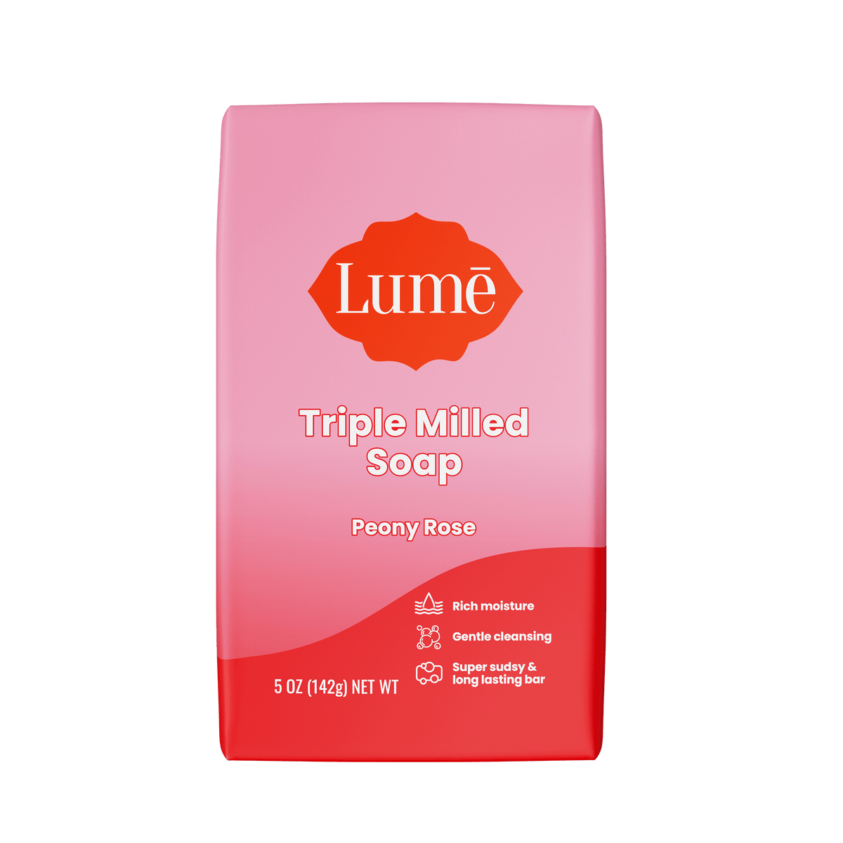Pink and red Lume peony rose scented soap bar against a white background