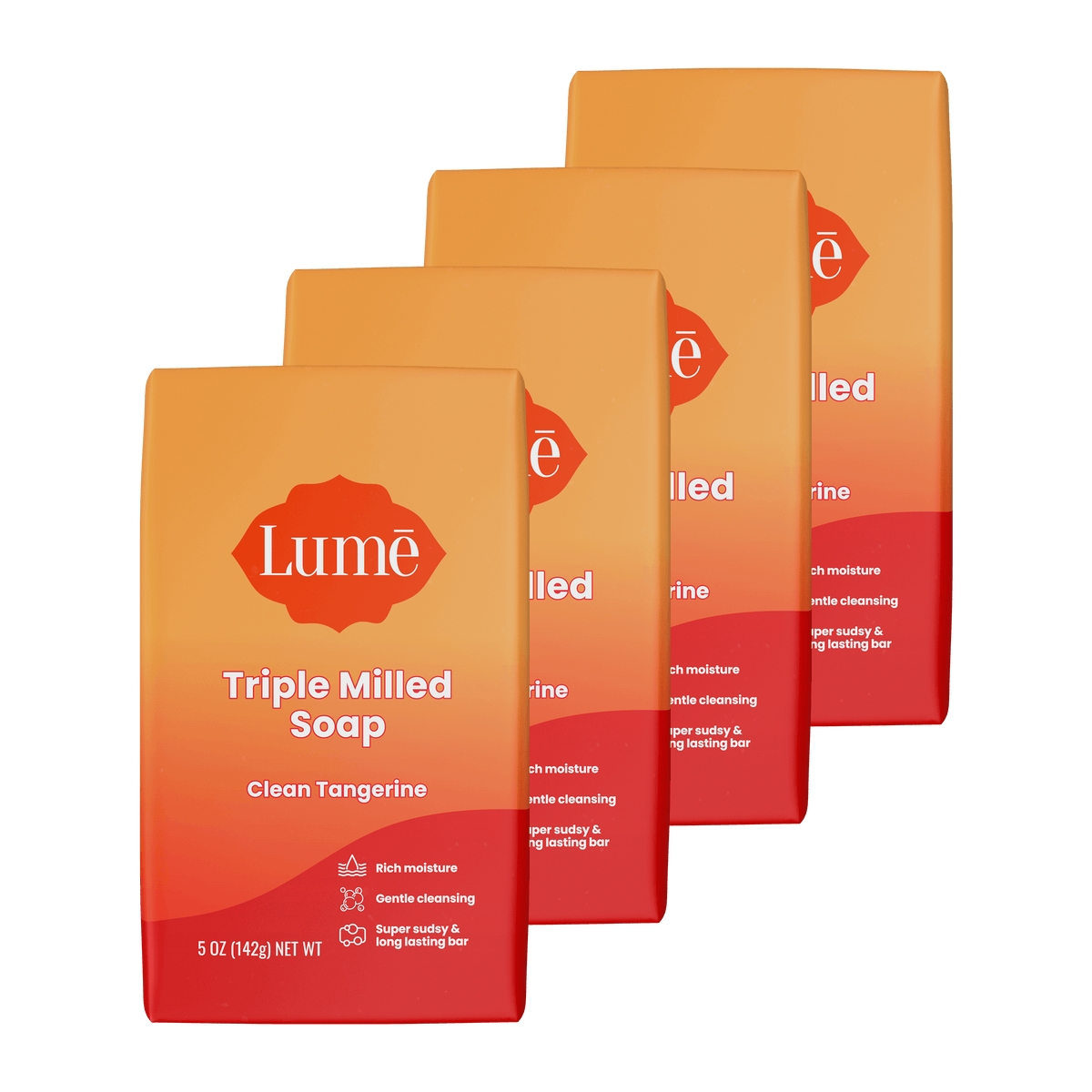 Four overlapping bars of soap in the scent Clean Tangerine